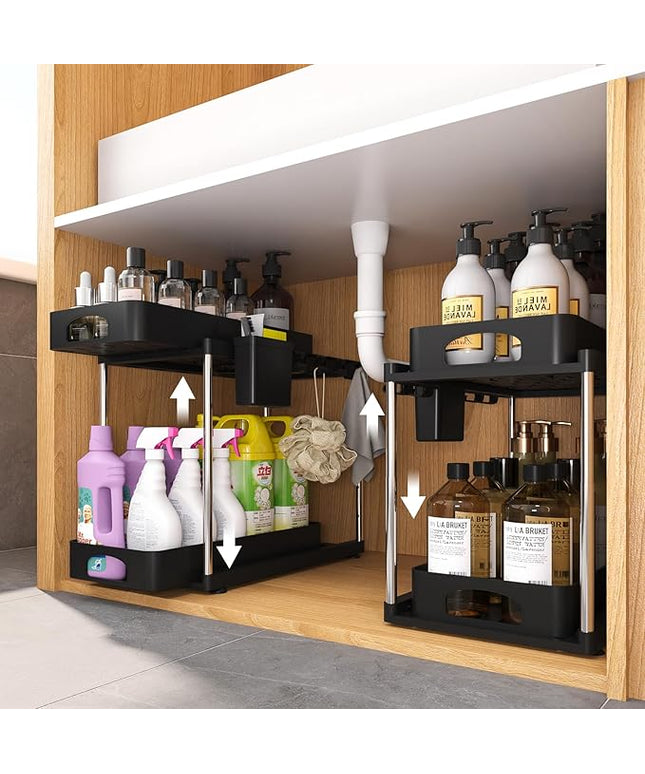Under Sink Organizer, Under Kitchen Sink Organizer, Height Adjustable Bathroom Cabinet Organizers and Storage, 2 Tier Pull-Out Multi-Purpose Organizer for Bathroom Kitchen Cabinet, Black, 2 Pack