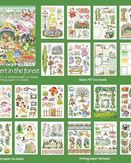 Snycler Sticker Book - 20 Sheets Vintage PET Stickers for Scrapbooking, Junk Journaling, Ephemera, and Decorative Crafts-Concert in The Forest