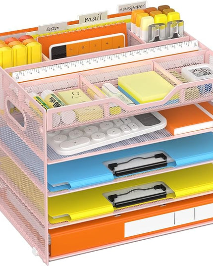 Docnest 5 Tier Letter Tray with Hanging File Organizer-Mesh Desk Organizer-Desktop Storage Box Built in Pen Holder and Handles, File Folder Holder for Mail Documents Office Supplies-Pink