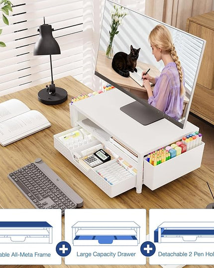 OPNICE Desk Organizers and Accessories, 2-Tier Computer Monitor Stand Riser with Drawer and 2 Pen Holders, Laptop Stand, Office Desk Accessories for Office Supplies, White