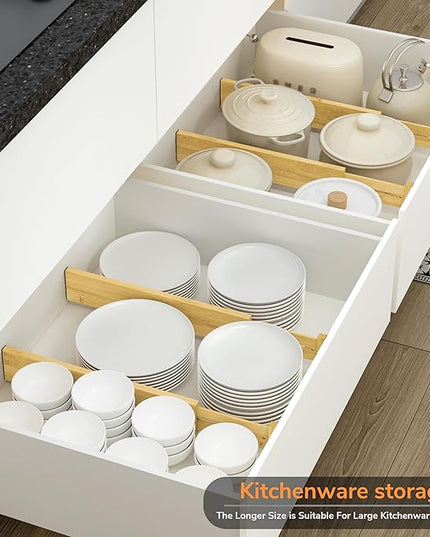 BAMEOS 3" H Large Bamboo Drawer Dividers Adjustable Drawer Organization Expandable Utensil Organizers for Kitchen Dresser Bathroom Bedroom and Office 4-pack