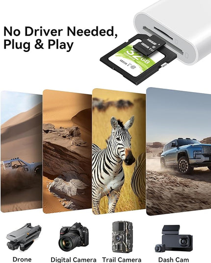 SD Card Reader for iPhone iPad, Dual Connector (Lightening&USB-C) Micro SD Memory Card Reader, 2 in 1 SD and TF Card Adapter Portable Trail Camera Viewer, No Driver Needed, Plug and Play