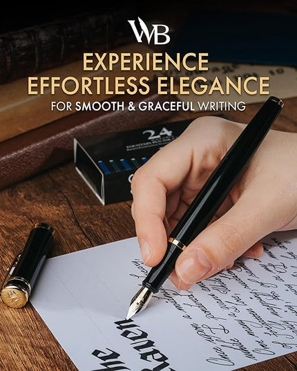 Wordsworth & Black Fountain Pen Set, 18K Gilded Broad Nib, Includes 24 Pack Ink Cartridges, Ink Refill Converter & Gift Box, Gold Finish, Calligraphy, [Black Gold], Perfect for Men & Women