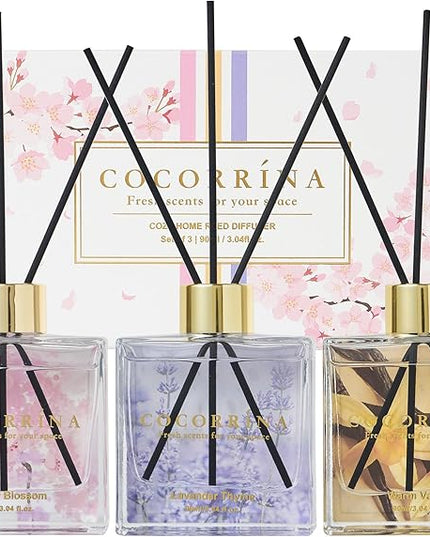 COCORRÍNA Reed Diffuser Set of 3-3 Pack/ 3.04 Fl.oz Diffuser with 24 Sticks Warm Vanilla/Cherry Blossom/Lavender Thyme Reed Diffuser for Home Bathroom Office Shelf Decor