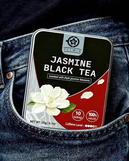 Jasmine Black Tea Bags, 3-Scented Loose Leaf in PLA teabag - Bitterness-Free, Naturally Sweet & Mellow, 10 Count Portable Tin