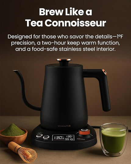 Vianté Electric Gooseneck Kettle with Precise Temperature Control. Pour Over Coffee & Tea Kettle. Boil-Dry Protection & Keep Warm Function. Stainless Steel, BPA-Free. Includes V60#2 Filters. 0.8L