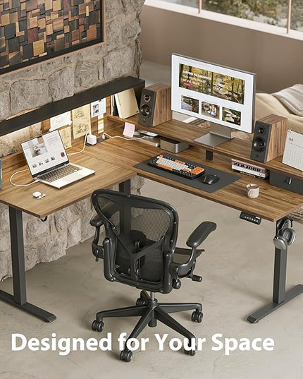 Agilestic L-Shaped Electric Standing Desk, 63x55 Inch Ergonomic Adjustable Height Desk with Storage, Stand Up Corner Desk Sit Stand Computer Table Power Outlet & LED Lights, Office Table, Dark Walnut