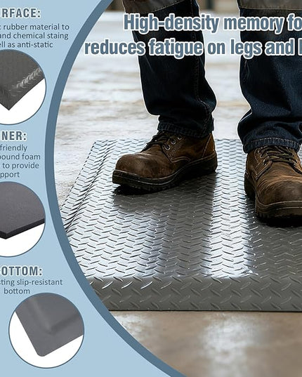 Anti Fatigue Mats Industrial 3' x 6' 15/16" Thick Ergonomic Standing Mat Commercial Kitchen Mat Heavy Duty Diamond Plate Cushioned Shop Floor Mats Helps Relieve Back and Leg Soreness, Grey