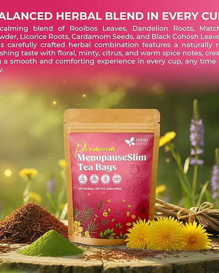 FreshDrinkUS, MenopauseSlim 40 Tea Bags – Herbal Blend with Rooibos, Dandelion Root, Matcha, Licorice, Cardamom & Black Cohosh – Smooth, Earthy Flavor – Premium Quality, Naturally Caffeine-Free Tea