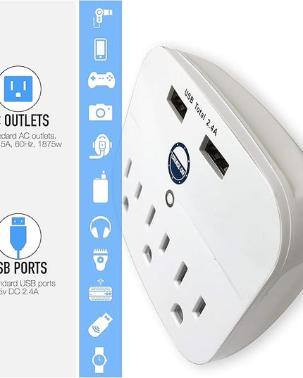 Cruise Approved Power Strip - Non Surge Protector for Cruise Ship with 2 USB Outlets - Cruise Ship Essentials 2026 for Carnival, Princess, Norwegian, Holland America, MSC & Major Cruise Lines (White)