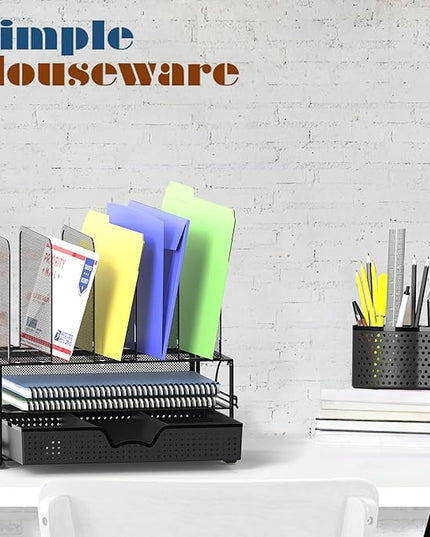 SIMPLE HOUSEWARE Mesh Desk Organizer with Sliding Drawer, Double Tray and 5 Upright Sections, Black