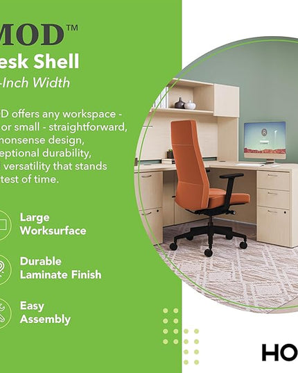 HON MOD Executive Desk 66-Inch Large Computer Desk Shell, Thick Wooden Laminate, Modern Table with Cord Management, 66" W x 30" D x 29" H, Desert Oak
