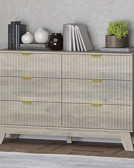 BORNOON Fluted 6 Drawer Dresser, 47.2" Wide Modern Boho Chest of Drawers, Wooden Storage Dresser TV Stand for Bedroom, Living Room, Closet, Hallway, Curved Profile Design
