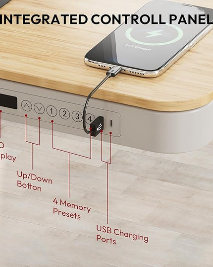 Standing Desk with Drawer, Electric Height Adjustable Home Office Desk with Storage & USB Ports, 48 inch Bamboo Texture Tabletop/White Frame