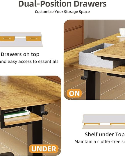 Claiks Electric Standing Desk with 2 Drawers, Adjustable Standing Desks with Storage, Height Adjustable Stand up Desk for Home Office with 2 Hooks,48 Inch Ruist Brown
