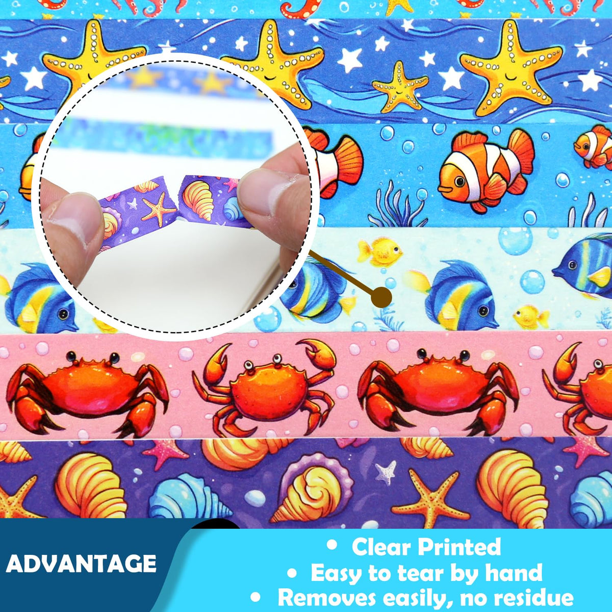 NIKOMIE 12 Rolls Blue Ocean Washi Tape Set, Cartoon Sea Animals Aesthetic Decorative Tape Waves Shells Dolphins Starfish Masking Washi Tape for Journaling Supplies, Scrapbooking, DIY Arts & Crafts