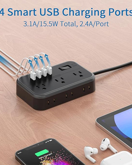NTONPOWER 6 Widely Spaced Outlet(2 Side) Power Strip with 4 USB Ports, Extension Cord 15 Ft