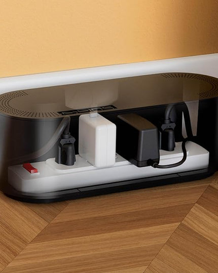 D-Line Cable Management Box, Power Strip Cover, Floor Outlet Hider, Desk Cord Organizer, Hide Extension Leads, 12.75" (L) x 5" (W) x 4.5" (H), for use with Power Strips up to 10.5in (L) - Small, Black
