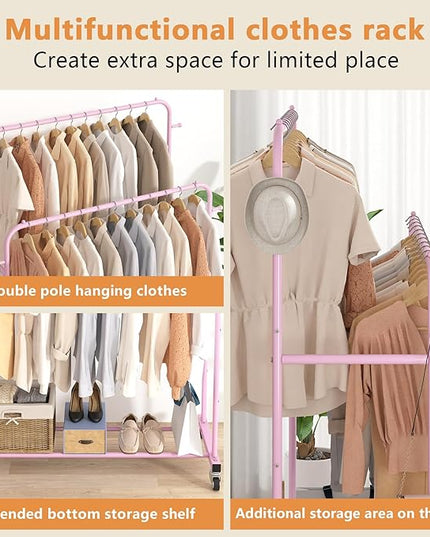 Laiensia Double Rods Garment Rack with Wheels, Clothing Rack for Hanging Clothes,4 Hooks, Multi-Functional Bedroom Clothes Rack, Pink