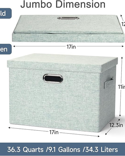 Large 17" 36 Quart Collapsible Stackable Storage Bins with Lids, 3 Packs Light Green Linen Fabric Closet Boxes with Lids, Storage Cube Baskets Container Organizers for Office (17x12x11)