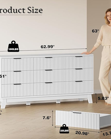 BORNOON 63" Long Dresser for Bedroom, 9-Drawer Fluted Dresser, Extra-Wide Wood Chest of Drawers with Smooth Metal Slides, Stable Base, Modern Clothes Storage Cabinet for Living Room, Hallway, Nursery
