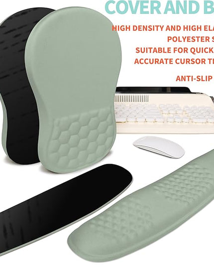 2-in-1 Ergonomic Set, Wave Rise Keyboard Wrist Rest and Massage Bulge Slope Mouse Pad Wrist Support, Cushion Memory Foam Integrated to Relieve Wrist Pain, Light Green