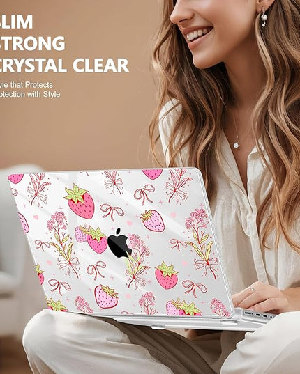 May Chen Case for MacBook Pro 14 inch, Models A2442 A2779 A2918 A2992 A3401 A3185 A3112 A3434, M1 M2 M3 M4 M5 Chip (2021-2025 Release), Plastic Hard Shell Case with Keyboard Cover, Strawberry Bow