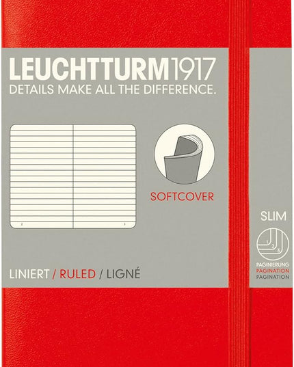 LEUCHTTURM1917 - Notebook Softcover Pocket A6-123 Numbered Pages for Writing and Journaling (Ruled, Red)