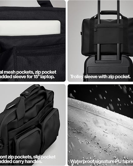 RAINS Texel Tech Bag - Black Waterproof Water Resistant Water Repellent Laptop Bag Unisex Commuter Travel Case 15" Computer Sleeve Tech Organizer - 2 Year Warranty