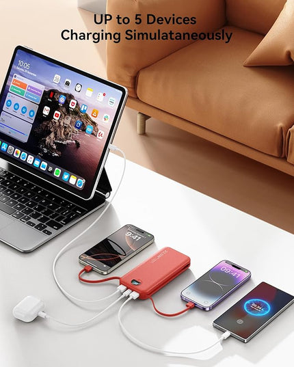 12000mAh Ultra-Portable-Charger-Power-Bank with Built in Cables&AC Wall Plug,PD20W USB-C Fast Charging Cell Phone Charger Battery Pack,LED Display Travel Battery Bank for All iPhone,Samsung,Android