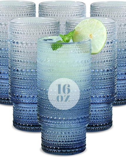 6pcs Hobnail Drinking Glasses Set, 16 oz Vintage Glassware Drinking Glasses, Gradual Gray-blue Water Glasses Tumbler, Cups for Kitchen, Juice, Beer, Cocktail, Whiskey