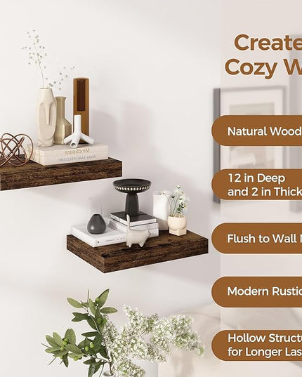 12 Inch Deep Floating Shelves, 16 x 12 Floating Shelf for Books, Rustic Wood Deep Wall Shelves for Home Storage & Display, 2" Thicked Shelves for Kitchen, Living Room, Bedroom, Rustic Brown, 2 Pack