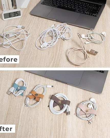 SenseAGE 5 Pack Cord Organizer, Bow Cord Keeper, Cable Organizer USB Holder, Leather Cable Management, Cable Straps, Earphone Winder, Storage Straps for Electronics, Earbuds (Moonlight Grey, Small)