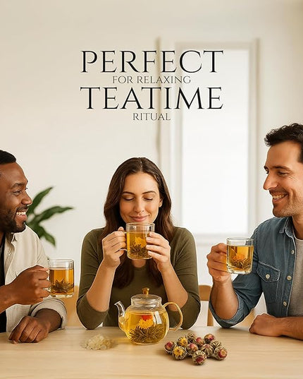 Tea Bunch Blooming Flower Tea Set – 12x2 Hand-Tied Organic Green Tea Balls with 24 Packs of Rock Sugar, Gift-Ready Packaging, Calming Floral Tea for Wellness & Relaxation (Glass Teapot Not Included)