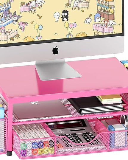 OPNICE Desk Organizer and Accessories, 2-Tier Computer Monitor Stand with Drawer and 2 Pen Holders, Laptop Stand, Office Desk Accessories for Office Supplies, Carmine Rose