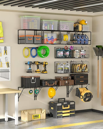 Garage Shelf Wall Mounted with Wire baskets, Heavy Duty Garage Wall Shelving with Garden Tool Rack and Hooks, Wire Shelf Baskets Tool Organizer for Home Garden Yard Organization and Storage