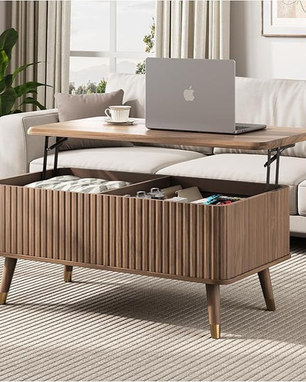 JOINICE Lift Top Coffee Table with Storage, Mid Century Modern Fluted Wood Design,Pop-Up Walnut Center Table with Hidden Compartment for Living Room & Home Office Work/Dining
