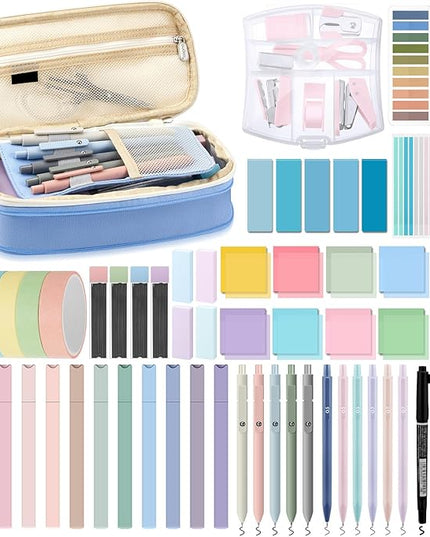 Sinload 60 Pcs Aesthetic Book Annotation Kit School Supplies Cute Pencil Case 12 Highlighter 5 Gel Pen 6 Mechanical Pencil 5 Magnetic Bookmark 1220 Pcs Sticky Note Tab Student Stationary(Light Blue)