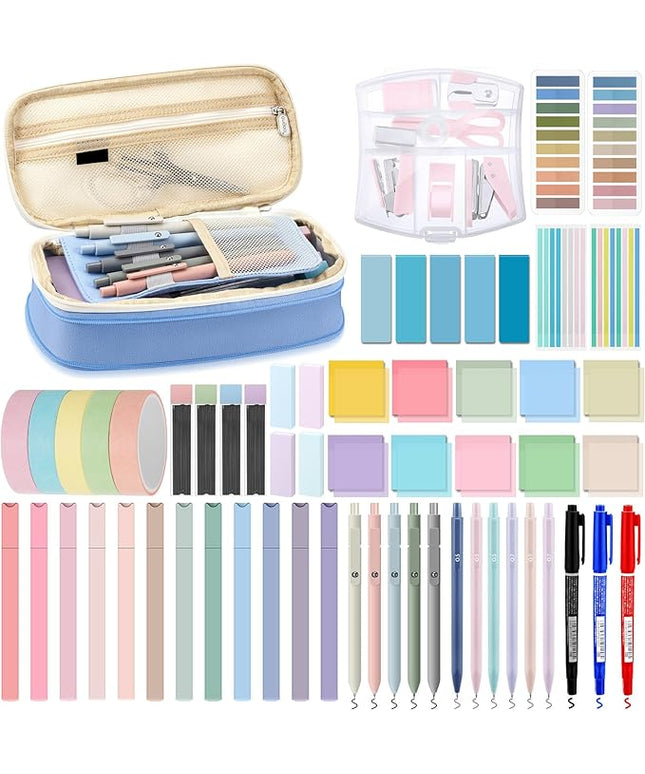 Sinload 60 Pcs Aesthetic Book Annotation Kit School Supplies Cute Pencil Case 12 Highlighter 5 Gel Pen 6 Mechanical Pencil 5 Magnetic Bookmark 1220 Pcs Sticky Note Tab Student Stationary(Light Blue)