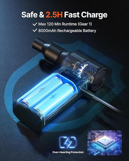 Compressed Air Duster, 130,000RPM Ultra-Powerful Cordless Electric Air Duster with 8000mAh Rechargeable Battery, 4-Gear Adjustable Air Blower for Keyboard, Computer, Car, Home Cleaning