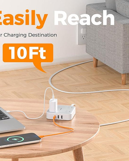 Surge Protector Power Strip, TESSAN Ring Pull Flat Plug Extension Cord 10 Ft with 3 USB (1 USB C) 4 Outlets, 900 Joules Protection, Desktop Charging Station for Home, Office, College, Dorm Room, Gray