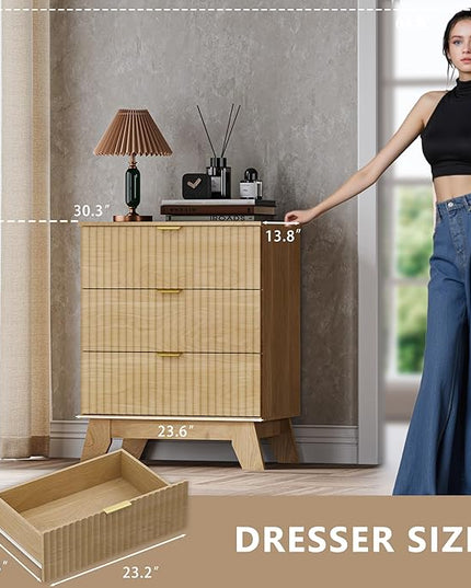 BORNOON Fluted 3 Drawer Dresser, 30.3" Tall Compact Modern Boho Chest of Drawers, Wooden Storage Cabinet for Bedroom, Living Room, Entryway, Curved Profile Design