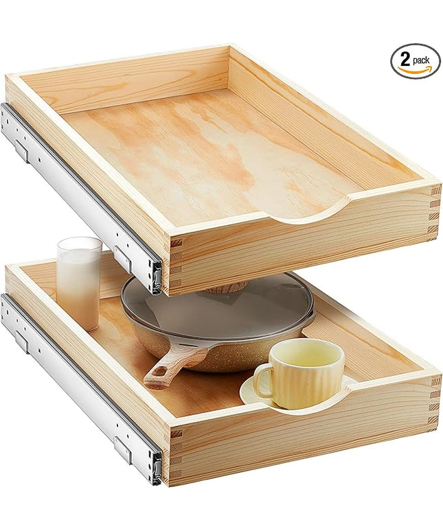 Menkxi 2 Set Pull out Tray Cabinet Organizer Wooden Pull Drawers storage Slide out Pantry Shelf for Base Cabinet Kitchen Gentle Close Fully Assembled Accessories(Wood Color,15'' X 21'' X 3'')