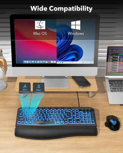 SABLUTE Ergonomic Keyboard, USB Wired with Cushioned Wrist & Palm Rest, 7-Color Backlit Adjustable Brightness for Windows, macOS, Desktop, Laptop & PC