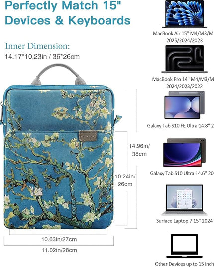 MoKo 15 Inch Laptop Sleeve Bag Fits MacBook Air 15" M2 2023, MacBook Pro 14" M2 2023, Galaxy Tab S9 Utra 14.6" 2023, Handle Carrying Case with Shoulder Strap, Apricot Flower