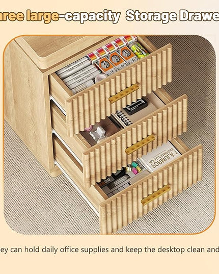 TVU Executive Desk with Drawers, Wooden Computer Desk with 3 Spacious Drawers，55 Inch Modern Office Desk Suitable for Study Room, Living Room, Bedroom, Office, Natural Wood Color