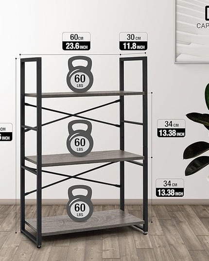 CAPHAUS 3 Tier Small Bookshelf, 24 Inch Width Free Standing Shelf, Bookcase Shelf Storage Organizer, Industrial Book Shelves for Home Office, Living Room, Dark Grey Shelves & Metal Frame