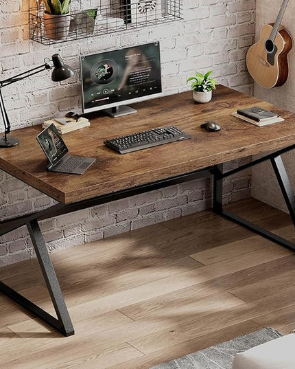 HSH Rustic Computer Desk, Large Executive Writing Study Work Desk for Home Office, Industrial Metal Wooden PC Laptop Long Desk Workstation, Modern Bedroom Living Room Table, Rustic Brown, 60 Inch