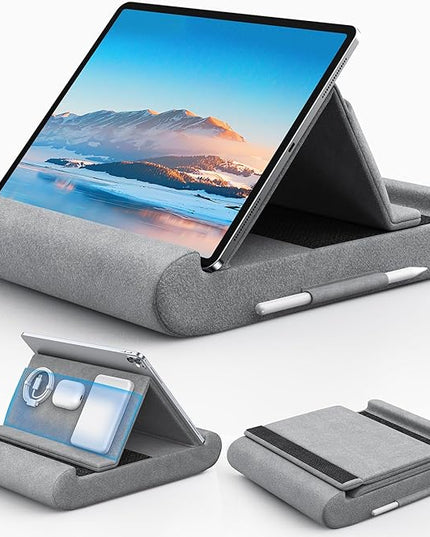 CreaDream Tablet Pillow Stand, Foldable Tablet Holder for Lap, Bed and Desk, Soft Pillow Pad with Pocket and Stylus Mount, for 4-13" Tablets, Like iPad Pro 11, 13, Air, Mini, Kindle, Galaxy Tab, Grey