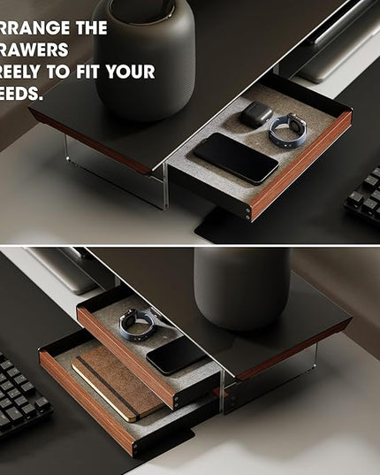 Fenge Dual Monitor Stand with Drawer, 42.5 Inch Large Monitor Riser with Acrylic Legs Supports, Computer Stand for Desk, 2 Tier Wood Desk Shelf with Storage Organizer for PC, Laptop, Printer, TV